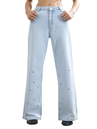 The Souled Store Wide-Leg Denim: Frosted Blue Eyelet Accent Women and Girls Button Closure Light Blue Washed Solid Cotton Denim Wide Leg Fit Everyday Denim Jeans