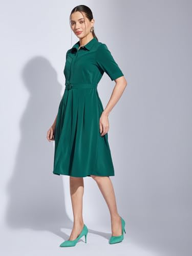 Latin Quarters Women Green Collared Half Sleeves Solid A-Line Shirt Dress for Casual Wear