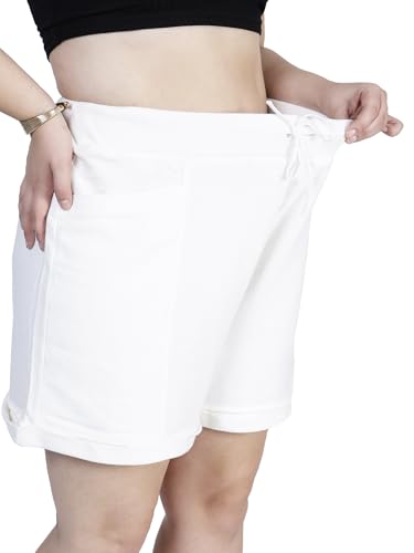 HAPPENING Plus Size Women Soft Self Cotton Denim Shorts -Length 16 inch- HIGH Rise- Peachich Pink/Snow White Color- Elastic Waist Size (L) 32 to (9XL) 50 inch (in, Alpha, L, Snow White)
