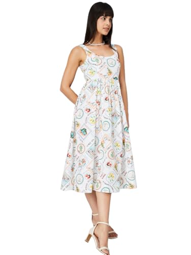 Max Women Printed Fit & Flare Midi Dress(Off White_M)