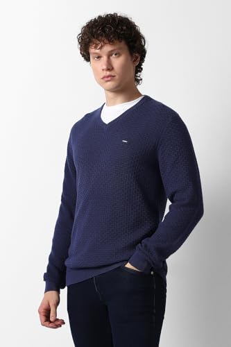 Men Navy Textured V Neck Sweater