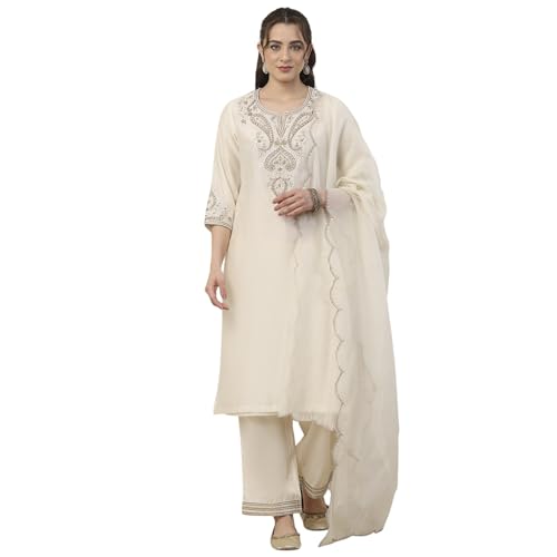 Biba Women White Silk Chanderi Straight Suit Set_34
