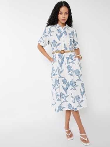 Max Women Printed Shirt Dress with Belt (White_S)