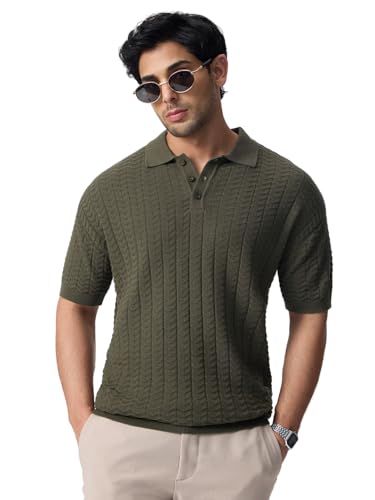 The Souled Store Blaze Men and Boys Short Sleeve Spread Collar Dark Olive Green Jacquard Knit Cotton Oversized Breathable Lightweight Everyday All-Season Polo Shirts