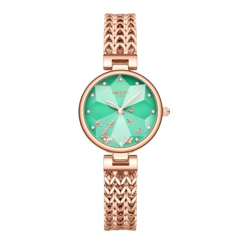 NIBOSI Watch for Woman Analog Quartz Rose Gold Stainless Steel Mesh Band Women Watches Stylish Diamond Wrist Watch Waterproof (Rose Green)