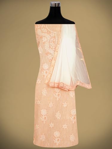 Ada Hand Embroidered Lucknowi Chikankari Unstitched Linen Dress Material Suit Piece with Dupatta for Women 01A885295 Peach