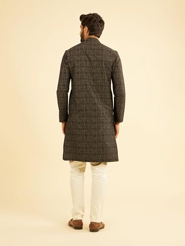 Manyavar Men's Cotton Blend Tribal Prints Kurta (Black,XXL)