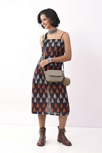 Biba Nxt Women Black Cotton Abstract Printed Strappy Midi Dress_32