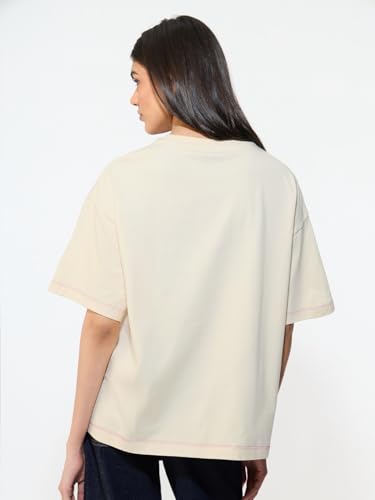 The Souled Store Serendipity Women and Girls Short Sleeves Round Neck Cream Embroidered Cotton Oversized Premium Fabric Breathable Oversized T-Shirt