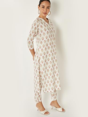 Max Women Floral Print Straight Kurta Set(Off White_M)