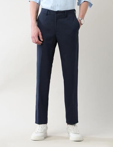 Arrow New York Men's Mid Rise Regular Fit Autoflex Trousers Navy