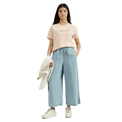 United Colors of Benetton Round Neck Embroidered T-Shirt (Size: S)-25P3099W3F06IP13 Peach