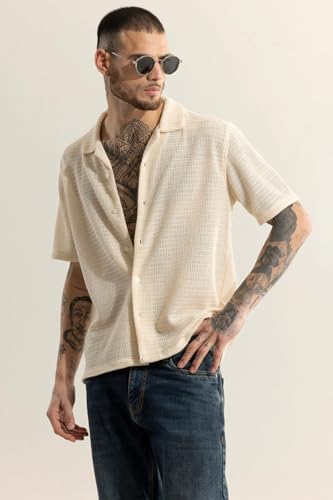 SNITCH Men Shirts | Box Fit Half Sleeve Cuban Collar Textured Design | Premium Polyester Crochet Knit Fabric for Streetwear & Elevated Casual Occasions | Cream