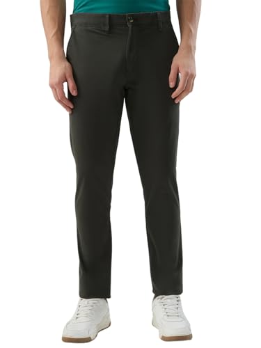 Raymond Men Slim Fit Solid Pattern Cotton Blend Flat Front Casual Trouser Dark Green