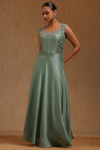 Soch Womens Turquoise Blue Vichitra Embroidered Gown with Cutdana