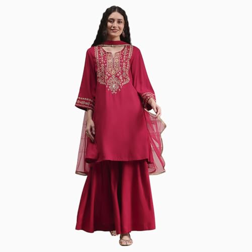 Biba Women's Rayon Kurta Set (SKDVRNSI30546AW25RED_Red