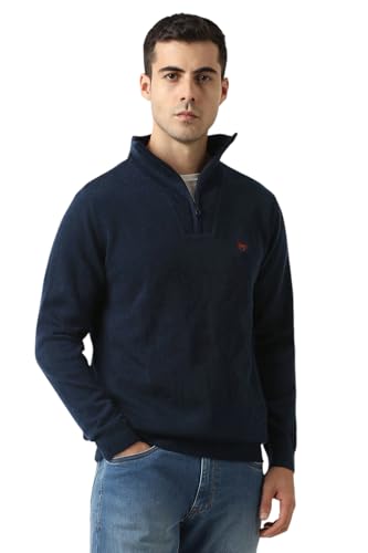 Men Navy Solid Round Neck Sweater