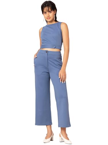 Faballey Blue Sleeveless Crop Top and Straight Fit Trousers Co-ord Set