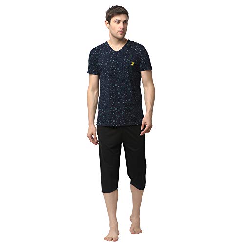 Mack JONNEY Cotton Blend Night Suit Co-ord Set for Men with V-Neck Half Sleeve T-Shirt and Capri-V_P1NVY_D13_BLK_02-XL