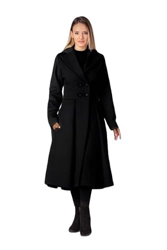 OFFICE PURPLE Women Dress, Women's Elegant Long Coat - Double Breasted, Flared Winter Overcoat with Lapel Collar and Pockets for Formal Casual and Winter Wear (Black, L)