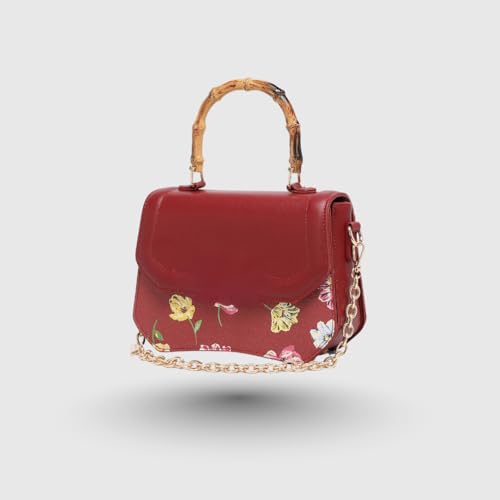 MAROON Women's Floral Satchel Handbag with Bamboo Style Handle & Gold Chain Strap