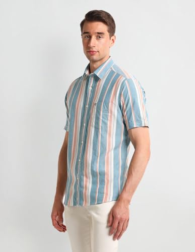 Arrow Sports Men's Striped Fitted Shirt (ASAISH1854_Teal