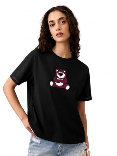 The Souled Store Lotso: So Grumpy Women and Girls Short Sleeves Round Neck Black Embroidered Cotton Relaxed Fit Lightweight Everyday Comfortable T-Shirts