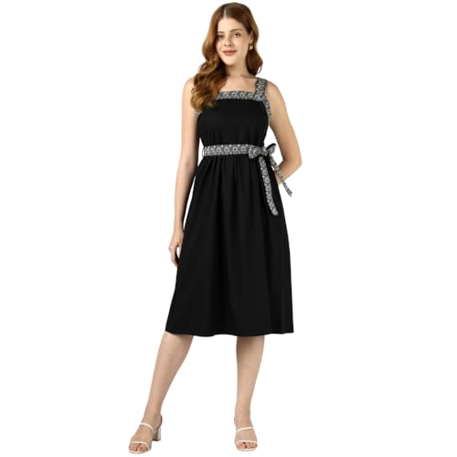 Sands of India Women’s Black Embroidered Midi Dress | Sleeveless Belted Evening Dress | Elegant Party, Casual Dress for Women