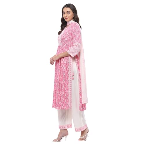 Biba WOMEN PRINTED STRAIGHT SALWAR KURTA DUPATTA(SKDASSORTED7518_WHT/PNK_32)