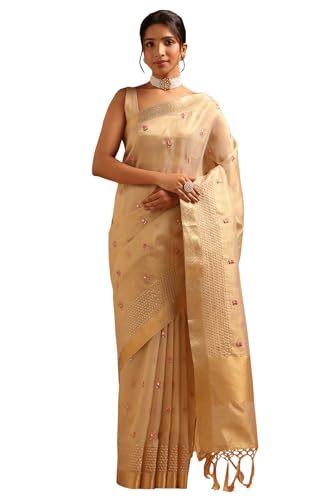 Soch Womens Beige Kota Floral Hand Embroidered Saree With Sequins