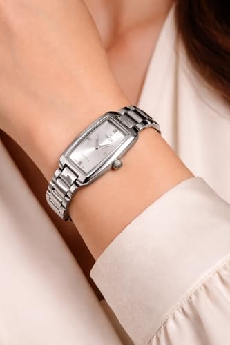 Yacbi YF01S Women's Stainless Steel Wrist Watch, Silver Rectangular Dial with Japanese Quartz Movement, 22mm Dial, 14mm Band, 3BAR Water Resistant