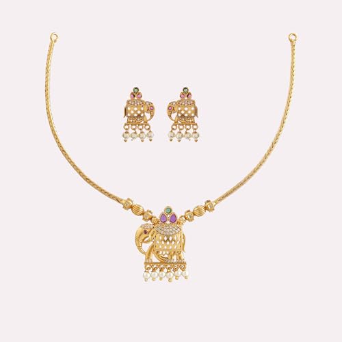 ZYRA JEWELS Elephant Design Traditional Necklace Set with Earrings for Women and Girls – Pearl Drop, Antique Finish, Temple Jewellery set