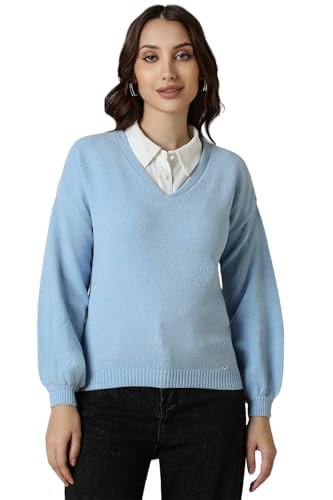 Allen Solly Women Blue Textured V Neck Casual Sweater