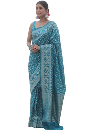 SGF11 Women's Kanjivaram Soft Silk Handloom Saree Golden Zari With Blouse Piece (Blue)