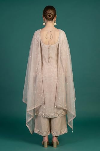 Wishful Women's Beige Embroidered Organza Straight Kurta with Parallel Pants and Dupatta Set - (SP13783-400522-M)