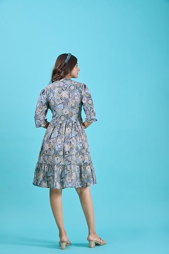 ORICA FASHION Women's Blue Poly Crepe Printed Fit & Flare Dress | Stylish Party Dress for Women & Girls (XL)