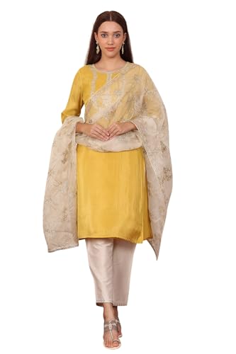W for Woman Women's White Gota Embroidered Organza Dupatta, Free Size, Yellow