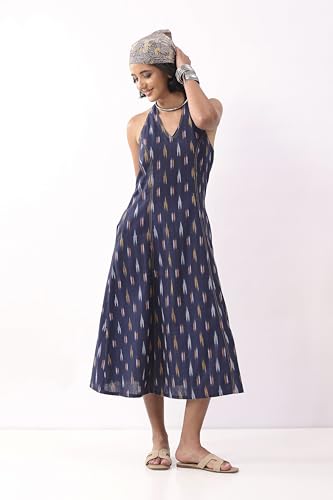 Biba Nxt Women Navy Blue Cotton Printed A Line Dress_30