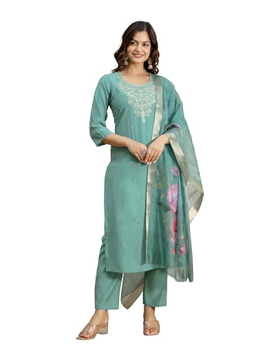 TRENDMALLS Women's Roman Silk Embroidery Kurta Pant with Dupatta Set (G372-Turquoise-3XL-)