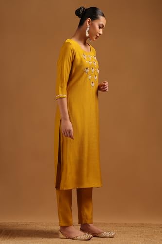 Soch Womens Mustard Desert Storm Solid Kurta Set With Beads