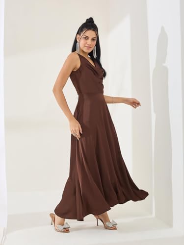 Latin Quarters Women's Brown Solid Sleeveless Cowl Neck Party A-Line Dress_XL