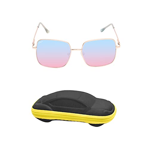 SPIKY Unisex Kids Rectangular Sunglass With Protective Case Gold Frame Blue & Pink Lens, Free Size - (Pack of 1)