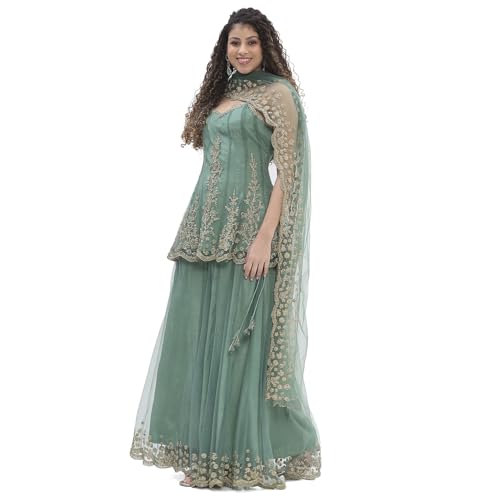 BIBA Women Green Net Embroidered Kalidar Suit Set_30