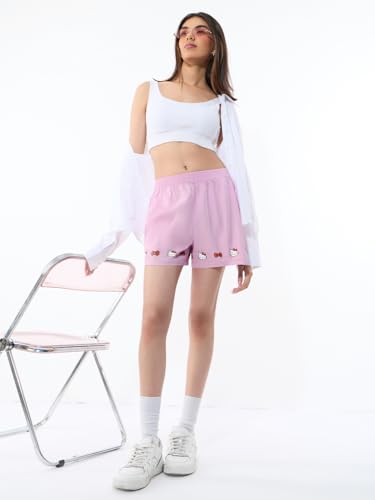 The Souled Store Hello Kitty: Pretty Kitty Women and Girls Elastic Waistband Pink Graphic Printed Cotton Regular Fit Lightweight Everyday All-Season Comfortable Lounge Boxer Shorts