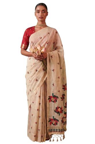 Label Aarna Women's Red-Beige Cotton Saree with Unstitched Blouse Piece | Woven | Floral Design | Traditional Occasion Wear