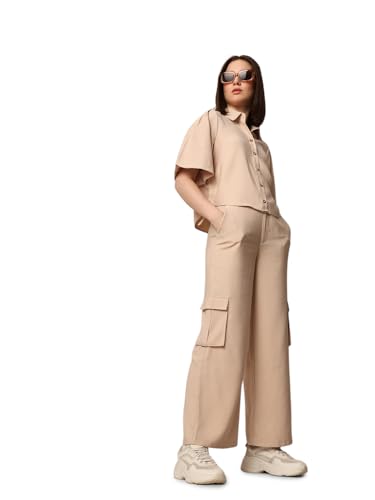 ONLY Women Solid Wide Leg Casual Beige Pants