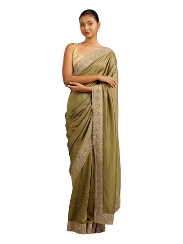 MOHEY Women's Art Silk Sequin Work, Stone Embellished Saree with Blouse Piece(Mehandi)