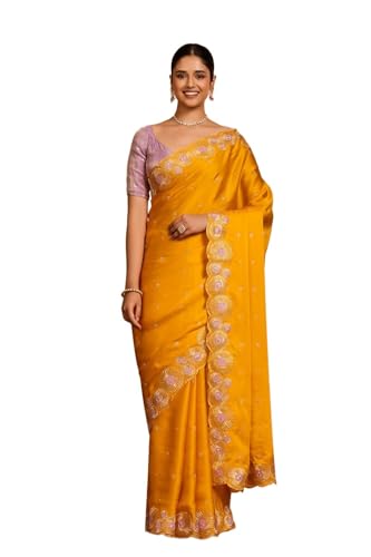 Taneira Women Yellow Viscose Satin Embroidered Saree with Unstitched Blouse Piece (SAPP08AC5305-Yellow)