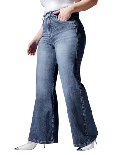 Miss Chase A+ Women's Wide-Leg High Rise Regular Length Stretchable Denim Jeans (APSS25DEN80-21-MZY-44, Radiance Blue, 44)