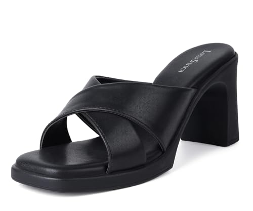 LOUIS STITCH Women's Black Stylish Cross Strap Block Heel Sandals for Women (LD06-BHCSJB105)